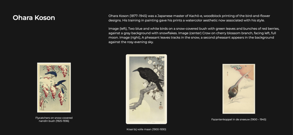 Museable digital exhibit view for Kachō-e: Bird & Flower in the Snow showing five framed Japanese woodblock prints displayed on a gallery wall alongside interpretive text, with collection detail views visible in the lower portion of the screen.